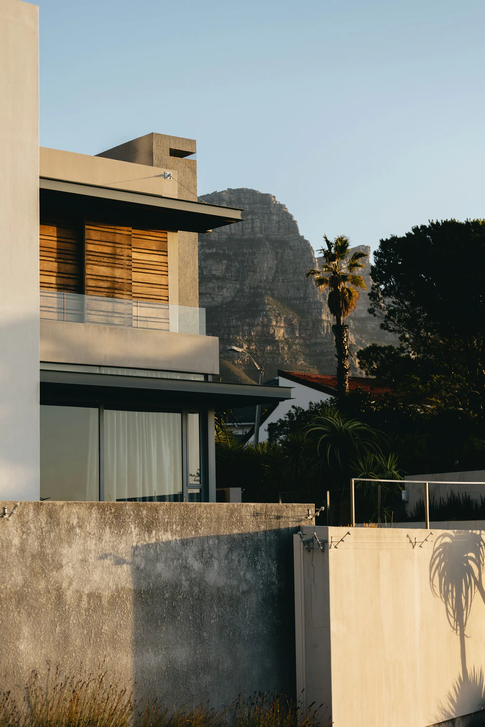 A tall building with a palm tree in front of it.