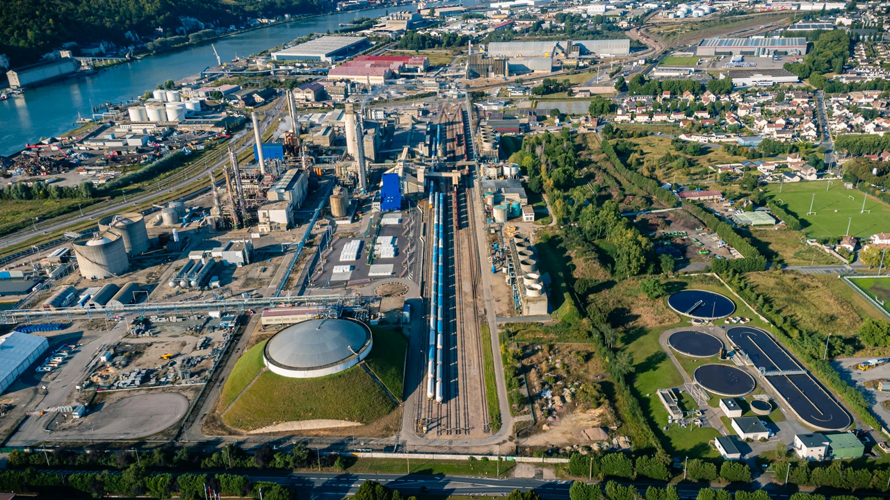 An aerial view of a large industrial area.