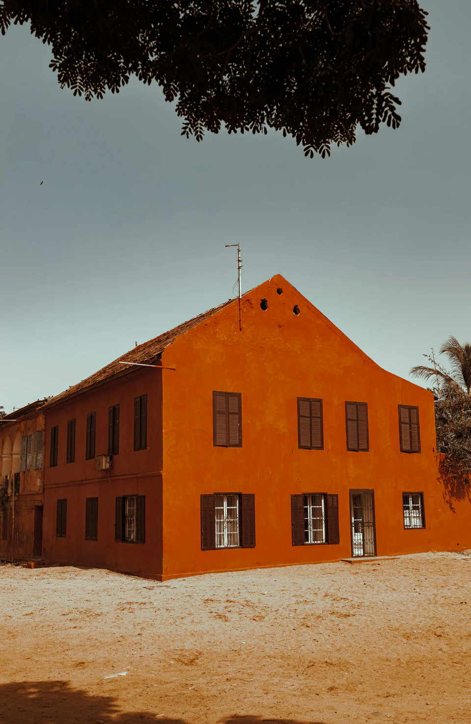 A building with a tree in the front.